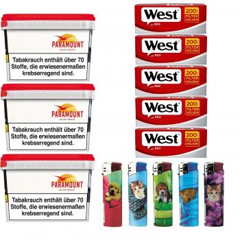 3x Paramount Mega Box 150g Volumentabak Stopftabak + 1000 Hülsen + 5 Feuerzeuge