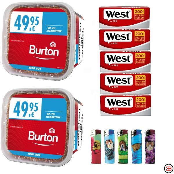 2x Burton Red MEGA BOX 290g Eimer Stopftabak Rot + 1000 Hülsen + 5 Feuerzeuge