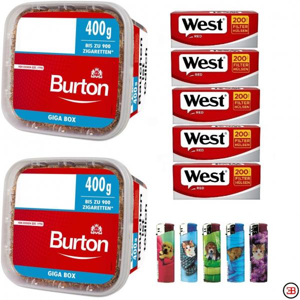 2x Burton Red GIGA BOX 400g Eimer Stopftabak Rot + 1000 Hülsen + 5 Feuerzeuge