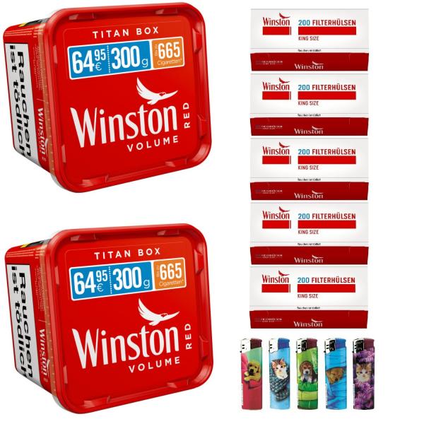 2x Winston 300g Titan Box Volumentabak Stopftabak + 1000 Hülsen + 5 Feuerzeuge