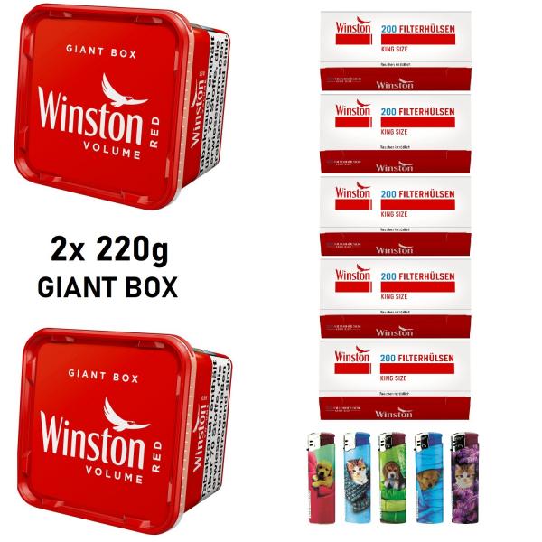 2x Winston 220g Giant Box Volumentabak Stopftabak + 1000 Hülsen + 5 Feuerzeuge